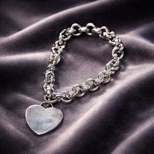 Vintage Sterling Silver 925 MO Stamped Cable Link Large Heart Charm Bracelet